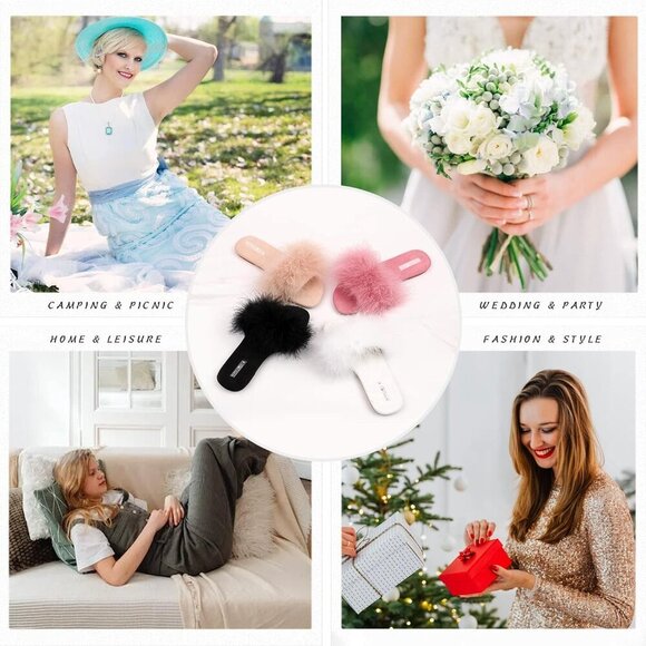 Women's Fuzzy Open Toe Slippers Memory Foam Feather Slides Indoor House Sandals - Picture 6 of 6